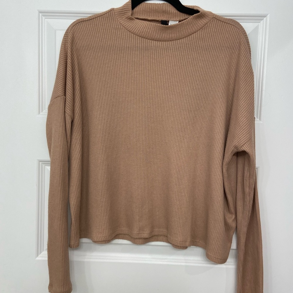 Divided Ribbed Beige Long Sleeve Top